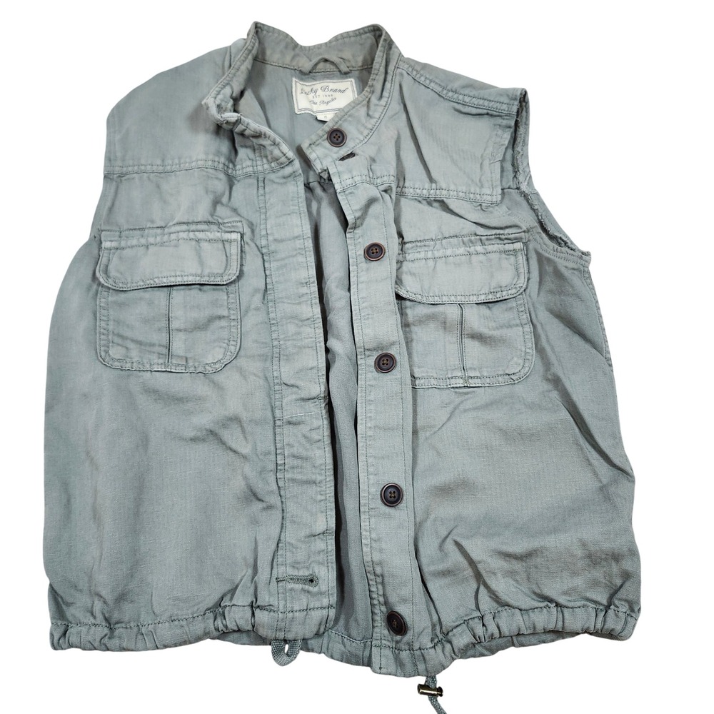 Lucky Brand Womens Sage Green Utility Vest Button Front Drawstring Hem Small‎